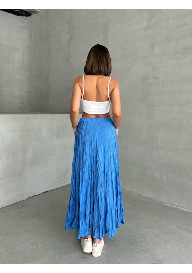 Kadın Buruşuk Modal Dokulu Soft Uzun Etek Mavi
