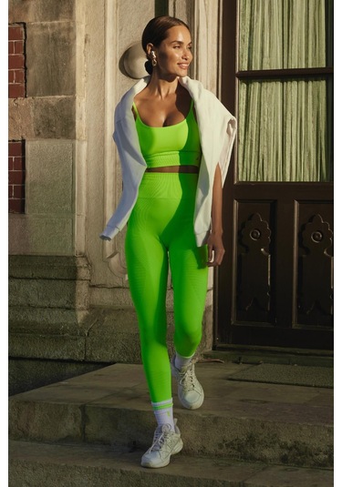 Jerf Gela Yüksek Bel, Esnek Ve Toparlayıcı Spor Tayt Neon Yeşil 001