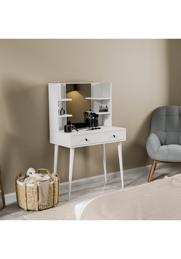 2200 Lucky Aynalı Ahşap Ayaklı 2 Çekmeceli 80 Cm Makyaj Masası