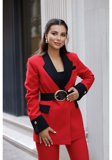 Gold Kemerli Garnili Kruvaze Takım Kırmızı Kırmızı