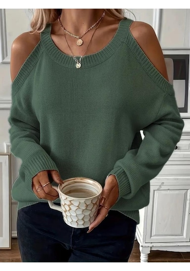 Kadın Uzun Kollu Omuzlardan Açık Askılı Yuvarlak Yaka Triko Bluz Yeşil