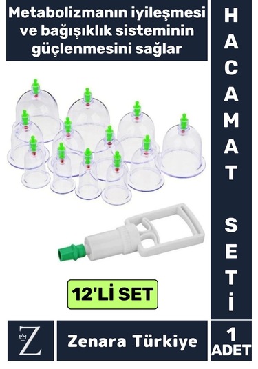 Yüksek Kaliteli Metabolizma Etkili 12'li Vakumlu Hacamat Kupası+4 Parmak Pompa Özel Set
