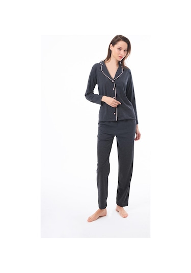 Antrasit Önden Düğmeli Pamuklu Kadın Pijama Takımı Antrasit