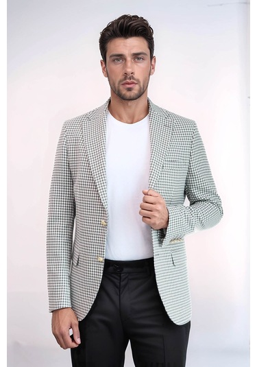 Açık Gri Kazayağı Desenli Gold Renk Metal Düğmeli Slim Fit Erkek Blazer Ceket - Wessi Grey
