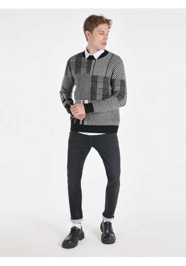 Colins Regular Fit Bisiklet Yaka Kareli Siyah Erkek Kazak Cl1065744 Siyah