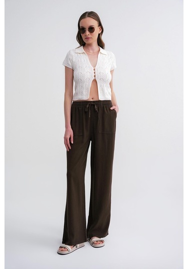 4629 Kadın Bol Paça Yüksek Bel Viskon Palazzo Pantolon Haki Haki