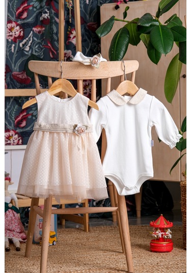 Simli Tüllü Çiçek Aksesuarlı Bebe Kız Mevlütlük Badili Bandanalı Elbise SOMON