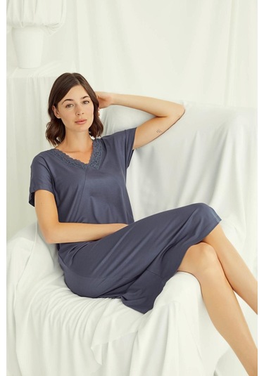 Monamise 18503 Kadın V Yaka Kısa Kollu Gecelik-lacivert Lacivert
