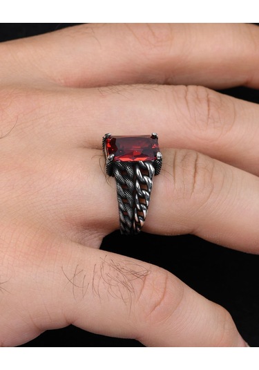 Prestij Gümüş Gemici Zincir Modeli Kırmızı Zirkon Taşlı 925 Ayar Gümüş Erkek Yüzüğü 800927