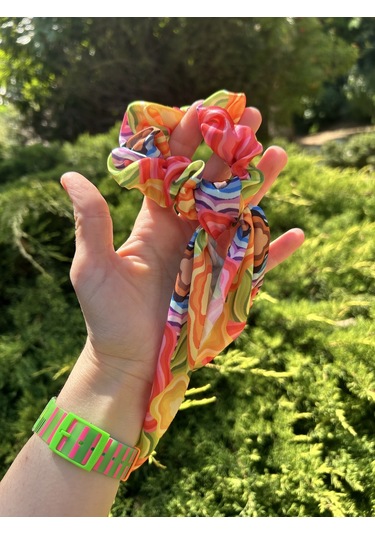 Saten Kadın Fular Model Pembe Renkli Desenli Lastikli Saç Tokası Pembe - Açık Mavi - Neon Sarı