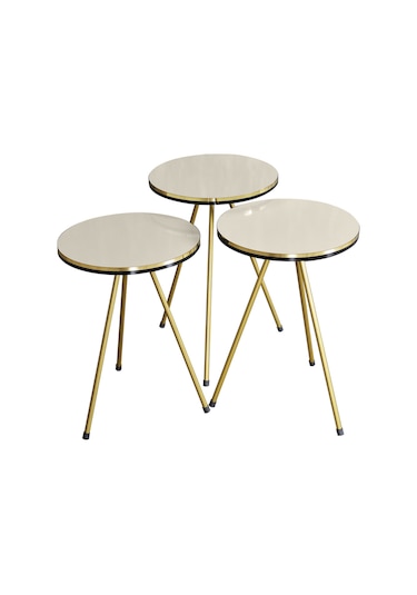 Zigon Sehpa Ve Orta Sehpa Kr Set Çift Gold Krem Metal