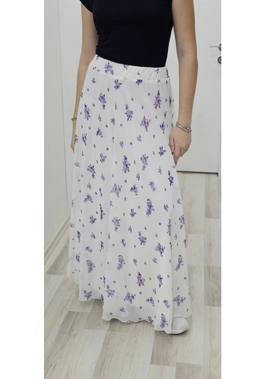 Bel Lastikli Kloş Şifon Etek 6003-beyaz/lila Beyaz/lila Beyaz - Lila