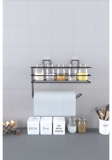Eva Metal Tasarim Yapışkanlı Raflı Kağıt Rulo Havluluk Peçetelik Havlu Kağıltlık Siyah Banyo Mutfak Düzenleyici Raf
