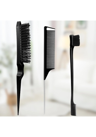 Kadınlar İçin 3 Parçalı Saç Şekillendirici Tarak Seti: Şekillendirici Fırça, Fare Kuyruğu Tarak, Kenar Fırçası - Tüm Saç Tipleri İçin Siyah Plastik Tarak Seti