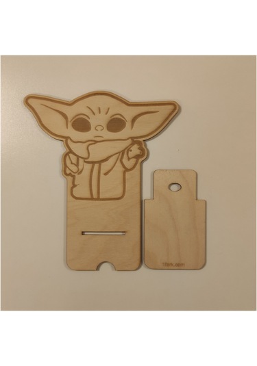 1 Fark - Ahşap Masaüstü Figürlü Telefon Standı - Grogu -Baby Yoda