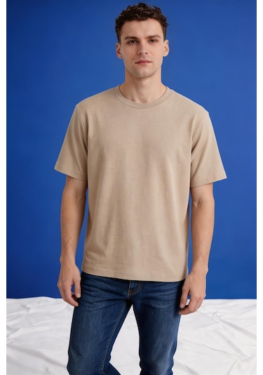 Freemen Erkek Oversize Tişört Nefes Alan Yumuşak Dokulu Terletmeyen Rahat Kalıp Basic-399 Bej