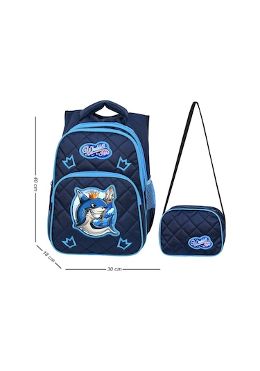 Waddell Lisanslı Lacivert Köpekbalığı Desenli Emboos İlköğretim Okul Sırt Çantası Ve Beslenme Çantası