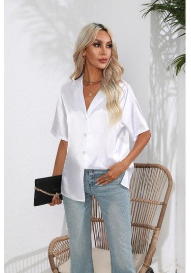 Kısa Kollu Gömlek Yaz Katı Saten Ipek Gömlek Düğme Yukarı Bluz Gevşek Ofis Kadın Blusas Casual Gömlek Tops Zarif 26107 Beyaz