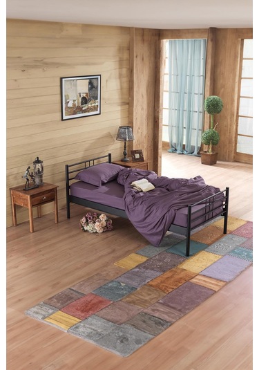 Manyas Tek Kişilik Ferforje Metal Karyola-siyah Ahşap Latalı
