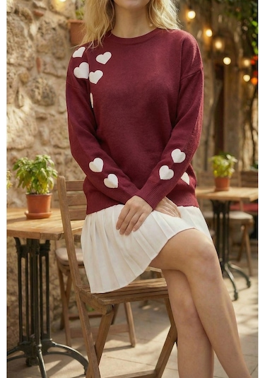 Sayzen Your Shine Kalp Nakışlı Basic Kadın Kazak Tyc78b078cf67382cd7ae1700 Bordo