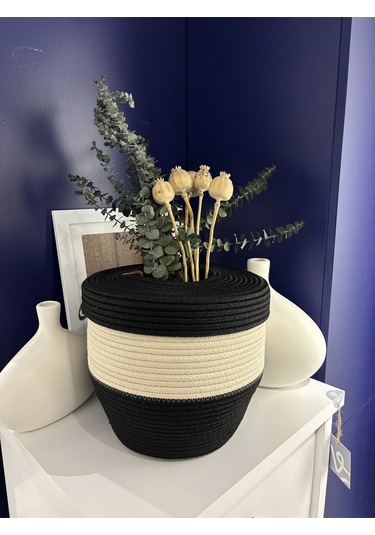 Patrick Jüt Hasır Görünümlü Çöp Kovası, Dekoratif Sepet, Kağıt Çöpü Sepeti Siyahkrem