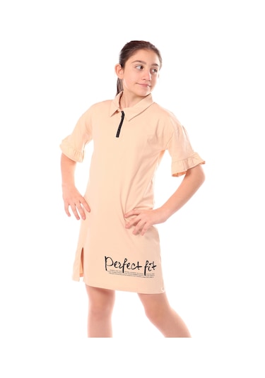 Toontoy Kız Çocuk Yakalı Fermuar Detaylı Perfect Fit Baskılı Elbise Bej