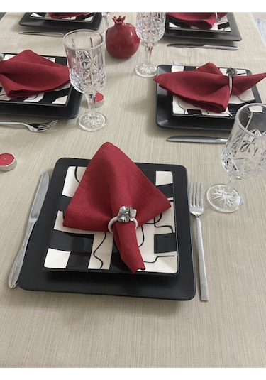 Keten Görünümlü Begonvil Masa Örtüsü Kapuçino 27 Parça Set