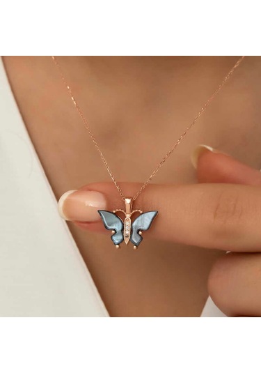 Gümüş Antrasit Kaplangözü Taşlı Kelebek Kolye (523461840)