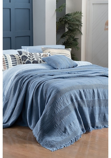 Sarev Eskel Mavi Çift Kişilik %100 Pamuk Yatak Örtüsü Mavi