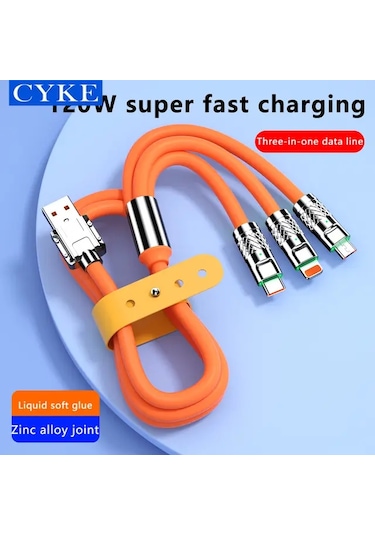 Beemen 120 W Destekli Led'li Çelik Sıvı Silikon 3 İn1 Şarj Kablosu Turuncu