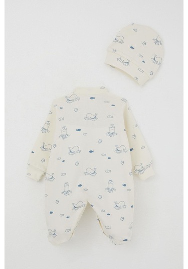 Breeze Erkek Bebek Patikli Tulum Sevimli Deniz Hayvanları Desenli 0-6 Ay, Krem Krem