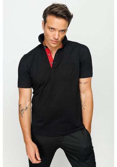 Erkek Polo Yaka Düğmeli Cepli T-shirt Siyah Siyah
