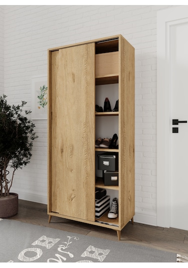 Sürgülü Çok Amaçlı Ayakkabı Dolabı, Ayakkabılık Meşe- Tamamı 1.