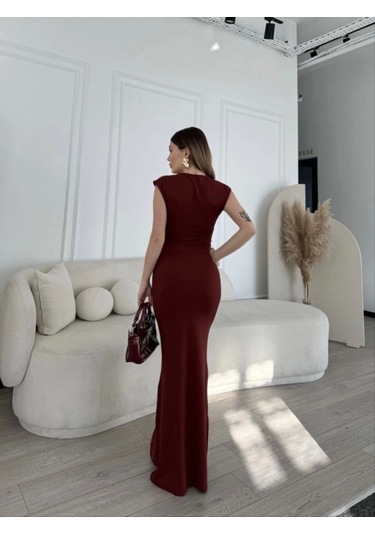 Kolsuz Uzun Likralı Elbise - Bordo Bordo