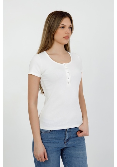 Hdm Kadın Esnek Fitilli Yakası Çıtçıtlı Ekru Kısa Kol Basic Örme Bluz - H5993