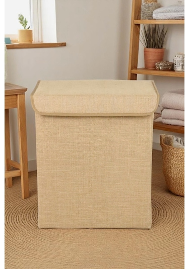 İronika Jüt Kapaklı Kutu Dolap İçi Organizer Oyuncak Eşya Çamaşır Saklama Kutusu Düzenleyici 35x42x23 Açık Kahverengi