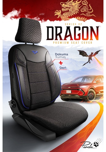 Siyah - Mavi Panda Dragon Serisi Dokuma Kumaş Oto Koltuk Kılıfı - Tam Set