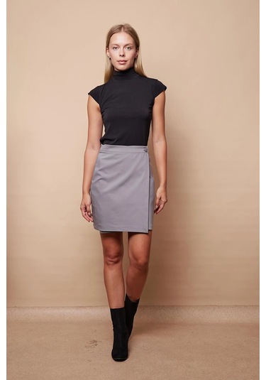 Kadın Yüksek Bel Kruvaze Model Hafif Likralı Şık Kumaş Ofis Kalem Etek-gri Gri