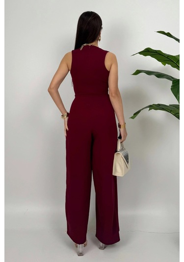 Crimson Icon Kadın Kemer Detaylı Askılı Bol Paça Bordo Tulum Rahat Şık Yazlık Kombin Bordo