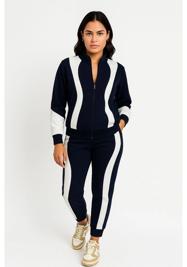 Kadın Premium Parçalı Eşofman Takım - Dik Yaka Fermuarlı Sweatshirt - Siyah Çok Renkli