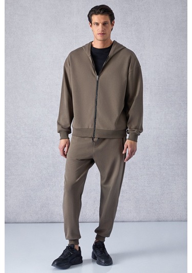 GRIMELANGE Ralf Erkek Kapüşonlu Uzun Kol Baskı Detaylı Fermuarlı Oversize Koyu Kahverengi Ceket Koyu Kahverengi