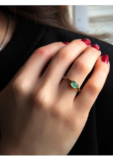 Doğal Taş Yeşil Akik Doğal Taşlı Antik Ayarlanabilir Kadın Yüzük Euy30ya Çok Renkli