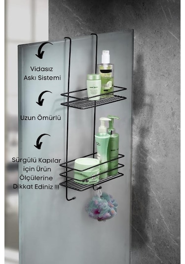 Dayanıklı Paslanmaz 2 Katlı Askılı Duş Rafı Sabunluk Şampuanlık Duşakabin Askısı Siyah