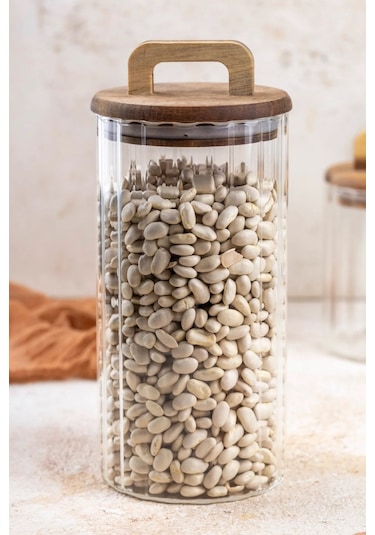 Qerhome Borosilikat Cam Optik Çizgili Akasya Kapaklı Kavanoz Zahire 3200 Ml Şeffaf