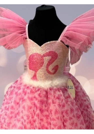 Kız Çocuk Tarlatanlı Barbie Abiye Elbise-13693 Pembe
