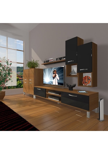 Decoraktiv Eko 6da Mdf Dvd Krom Ayaklı Tv Ünitesi Tv Sehpası Ceviz - Siyah