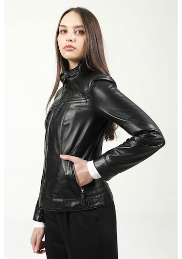 Dericlub Yb-2107 Gerçek Deri Kadın Mont Siyah