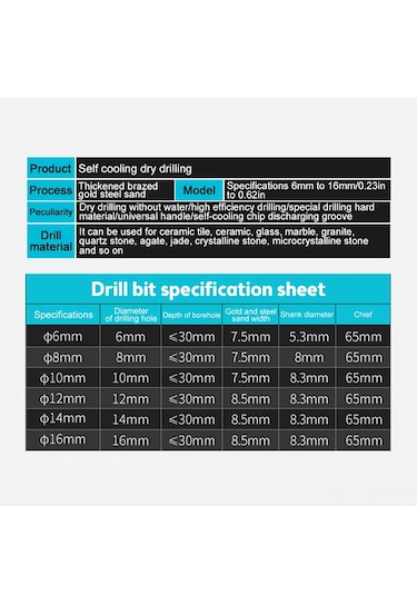 Geeroyoo 6-16mm Elmas Uçlu Kuru Delme Matkap Ucu Seti - Granit, Mermer, Seramik Ve Cam İçin