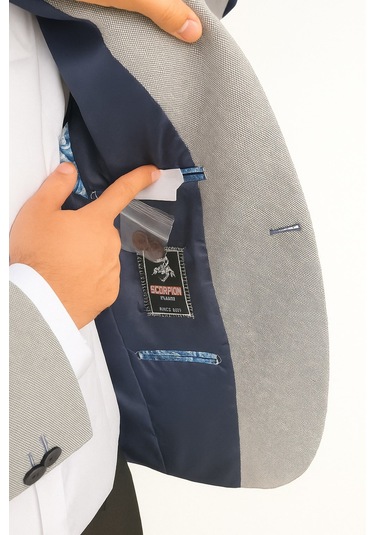 Plus Scorpion Gri Erkek İtalyan Kesim Blazer Ceket Lacivert Detaylı, Kol Yamali, Slim Fit Şık Tasarım Lacivert