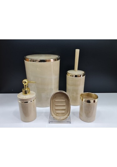 Novahub Akrilik Yuvarlak Banyo Seti Krem Mermer Gold Kromaj 5'li Krem Krem